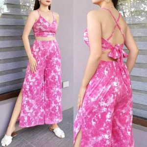 Llia Fashion Tie Dye Print Crop Top Tie Backless and High Split Pants two piece Set Summer Dresses