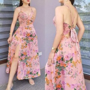Llia Fashion Summer Dresses for Women Floral Print Lace Up Backless Split Thigh Maxi Dress