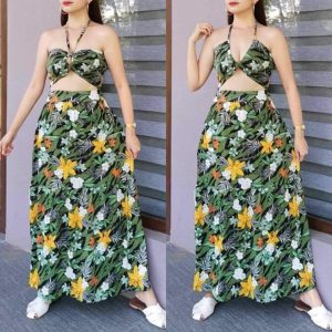 Llia Fashion Floral Print Tie Backless Halter Top and Skirt Summer Dresses Collection
