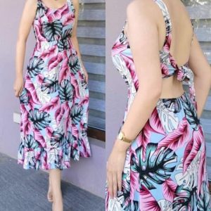 Llia Fashion Allover Floral Print Backless Knot Ruffle Trim Dress Summer Collection